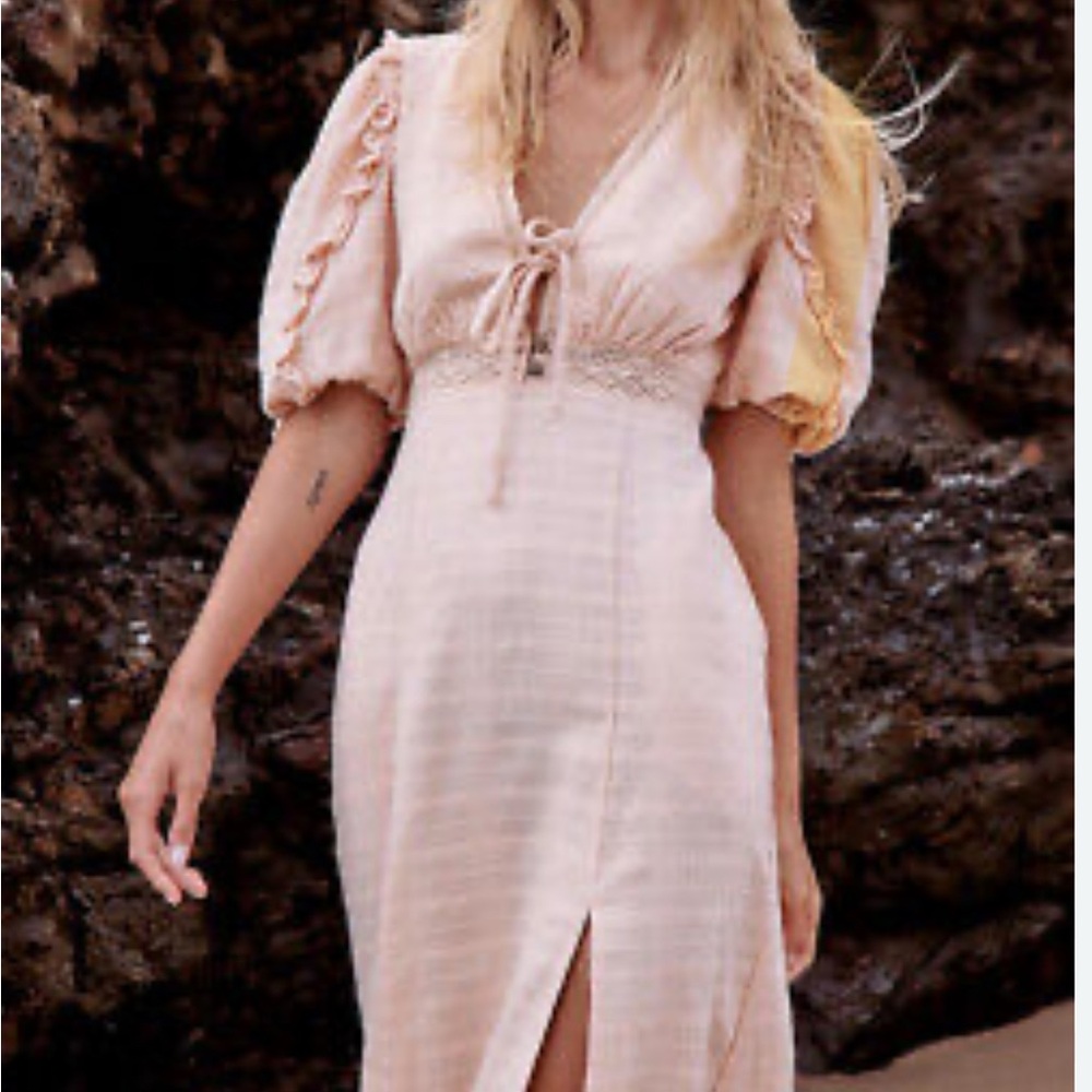 Free People White Sundress with Tie Front and Puff Sleeves